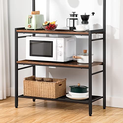 HOOBRO Bakers Rack, Microwave Stand, Kitchen Storage Shelf Rack with Hooks, Coffee Bar, 4 Shelves and Mesh Panel, Adjustable Feet, for Kitchen, Living Room, Coffee Station, Rustic Brown BF01HB01