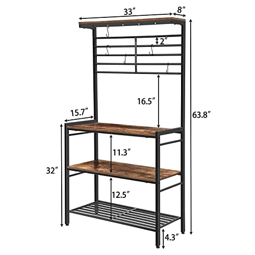 HOOBRO Bakers Rack, Microwave Stand, Kitchen Storage Shelf Rack with Hooks, Coffee Bar, 4 Shelves and Mesh Panel, Adjustable Feet, for Kitchen, Living Room, Coffee Station, Rustic Brown BF01HB01