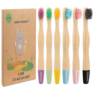 nuduko bamboo kids toothbrushes (6 pack) - soft bristle organic compostable bpa free toothbrush for kids toddler baby tooth brush, eco friendly natural biodegradable wooden toothbrush
