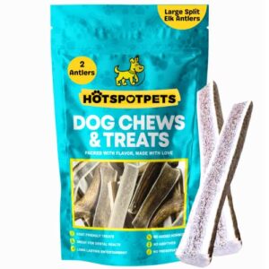 hotspot pets Premium Split Elk Antlers for Dogs - 7 Inch Large Antler Dog Chews (2 Pack) Naturally Shed Antler Bone for Large Breed Aggressive Chewers - Made in USA - Promotes Dental Hygiene