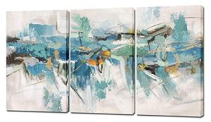 yihui arts 3 piece abstract canvas wall art with textured light blue teal color painting pictures set with gold foil artwork for living room bedroom bathroom decor