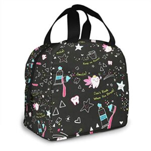 Dentist Dental Hygienist Print Lunch Bag for Women Girls Kids Insulated Picnic Pouch Thermal Cooler Tote Bento Large Meal Prep Cute Bag Big Leakproof Soft Bags for Lunch Box, Camping, Travel, Fishing
