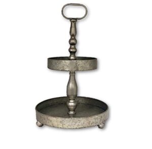 the nifty nook 2 tier farmhouse serving tray stand vintage metal decor with carry handle (galvanized)