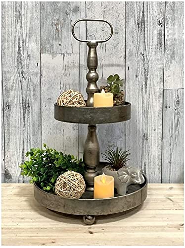 THE NIFTY NOOK 2 Tier Farmhouse Serving Tray Stand Vintage Metal Decor with Carry Handle (Galvanized)