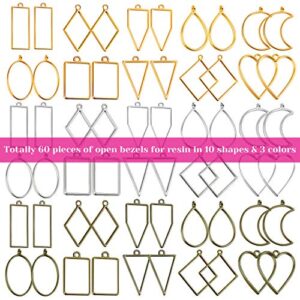 Open Bezels for Resin, Shynek 60Pcs Hollow Frame Pendants Resin Craft Bezels Jewelry Molds for Resin Casting, Necklaces Earrings Making Supplies