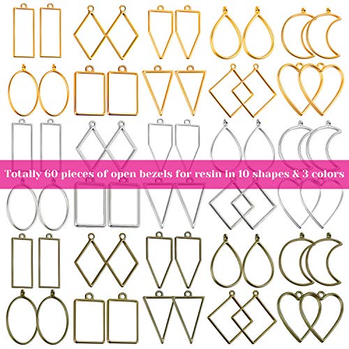 Open Bezels for Resin, Shynek 60Pcs Hollow Frame Pendants Resin Craft Bezels Jewelry Molds for Resin Casting, Necklaces Earrings Making Supplies