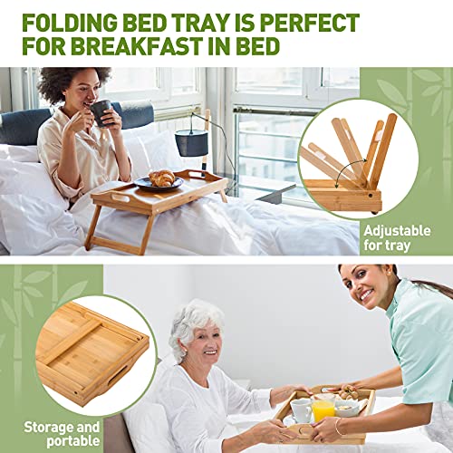 Bamboo Bed Tray,Breakfast Tray with Folding Legs Serving Tray with Carrying Handles Portable Lap Tray Lightweight Decorative Tray Food Tray for Breakfast in Bed,Reading or Working (17.1 Inch).