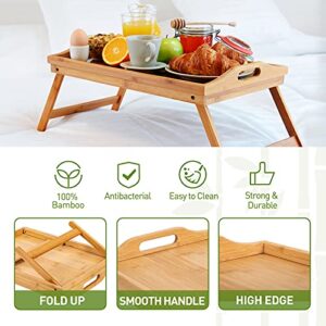 Bamboo Bed Tray,Breakfast Tray with Folding Legs Serving Tray with Carrying Handles Portable Lap Tray Lightweight Decorative Tray Food Tray for Breakfast in Bed,Reading or Working (17.1 Inch).