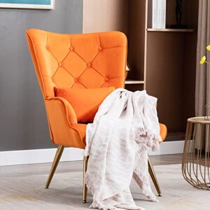 artechworks velvet buttoned accent arm chair with golden legs & pillow, high back living room bedroom chairs, modern leisure chair for living/dining/lounge room,office,orange color