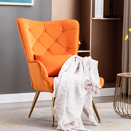 Artechworks Velvet Buttoned Accent Arm Chair with Golden Legs & Pillow, High Back Living Room Bedroom Chairs, Modern Leisure Chair for Living/Dining/Lounge Room,Office,Orange Color