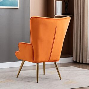 Artechworks Velvet Buttoned Accent Arm Chair with Golden Legs & Pillow, High Back Living Room Bedroom Chairs, Modern Leisure Chair for Living/Dining/Lounge Room,Office,Orange Color