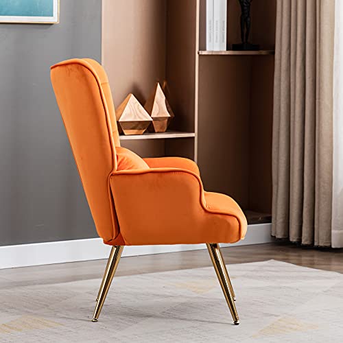 Artechworks Velvet Buttoned Accent Arm Chair with Golden Legs & Pillow, High Back Living Room Bedroom Chairs, Modern Leisure Chair for Living/Dining/Lounge Room,Office,Orange Color