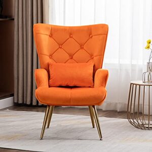 Artechworks Velvet Buttoned Accent Arm Chair with Golden Legs & Pillow, High Back Living Room Bedroom Chairs, Modern Leisure Chair for Living/Dining/Lounge Room,Office,Orange Color