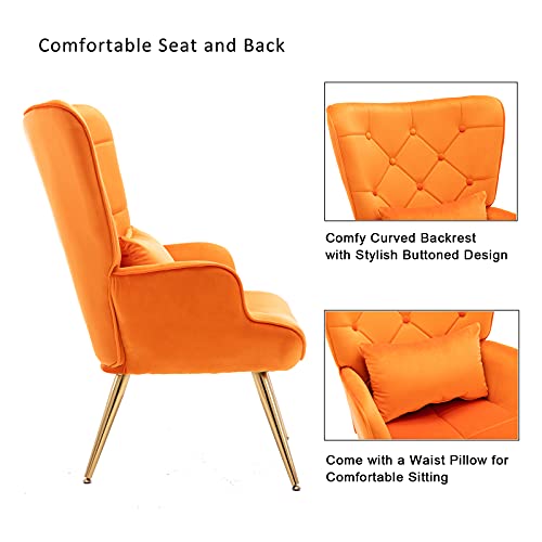 Artechworks Velvet Buttoned Accent Arm Chair with Golden Legs & Pillow, High Back Living Room Bedroom Chairs, Modern Leisure Chair for Living/Dining/Lounge Room,Office,Orange Color