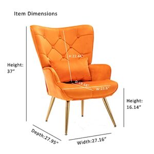 Artechworks Velvet Buttoned Accent Arm Chair with Golden Legs & Pillow, High Back Living Room Bedroom Chairs, Modern Leisure Chair for Living/Dining/Lounge Room,Office,Orange Color