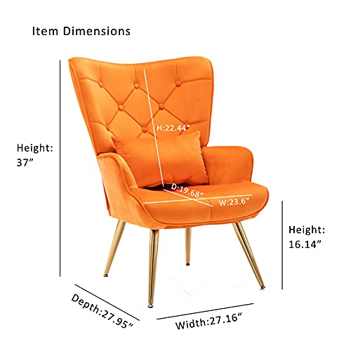Artechworks Velvet Buttoned Accent Arm Chair with Golden Legs & Pillow, High Back Living Room Bedroom Chairs, Modern Leisure Chair for Living/Dining/Lounge Room,Office,Orange Color