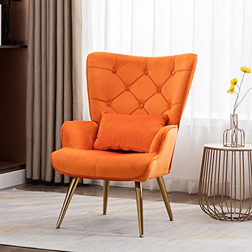 Artechworks Velvet Buttoned Accent Arm Chair with Golden Legs & Pillow, High Back Living Room Bedroom Chairs, Modern Leisure Chair for Living/Dining/Lounge Room,Office,Orange Color