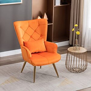 Artechworks Velvet Buttoned Accent Arm Chair with Golden Legs & Pillow, High Back Living Room Bedroom Chairs, Modern Leisure Chair for Living/Dining/Lounge Room,Office,Orange Color