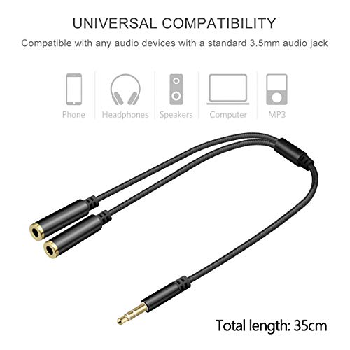 KOOPAO 3.5mm Headphone Jack Splitter, Headphone 3.5 mm Aux Audio Jack Splitter, Audio Sharing Y Cable, Equal Copy Audio from 1 Male Jack to 2 Female Port for Cellphone Laptop Friends Movie Kid Travel