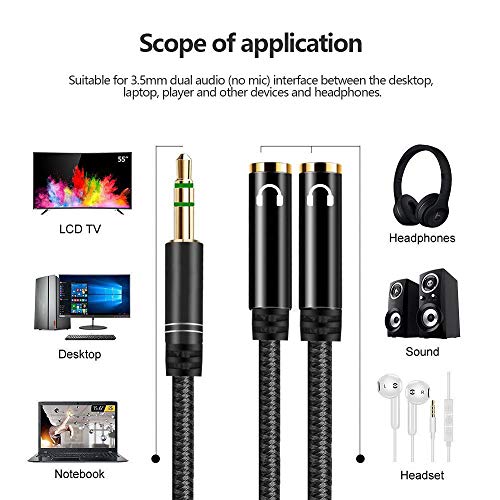 KOOPAO 3.5mm Headphone Jack Splitter, Headphone 3.5 mm Aux Audio Jack Splitter, Audio Sharing Y Cable, Equal Copy Audio from 1 Male Jack to 2 Female Port for Cellphone Laptop Friends Movie Kid Travel