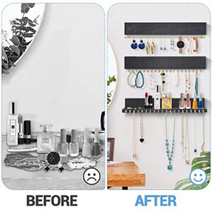 Y&ME YM Large Wall Mounted Hanging Jewelry Organizer Set of 3, Wall-Mounted Wood Necklace Holder with Removable Bracelet Rod and 40 Jewelry Hooks, 16 x 2.4 x 1 inch (Grey)…