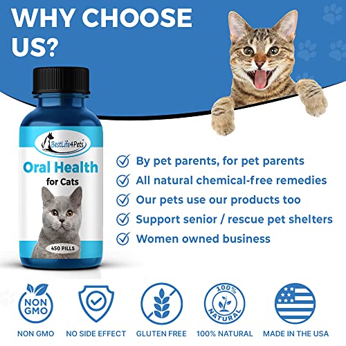 BestLife4Pets Oral Health for Cats - Cat Dental Care Supplement Anti inflammatory Pain Relief for Stomatitis Gingivitis and Gum Disease Cat Supplies for Dental Care - Easy to Use Pills (450 ct)