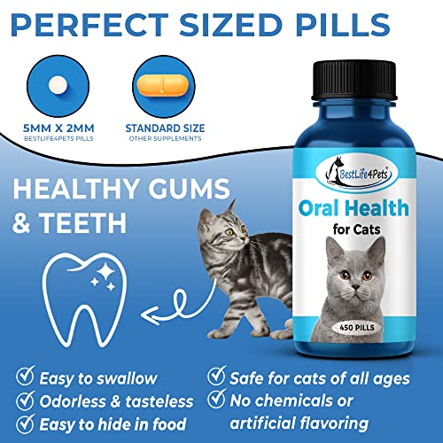 BestLife4Pets Oral Health for Cats - Cat Dental Care Supplement Anti inflammatory Pain Relief for Stomatitis Gingivitis and Gum Disease Cat Supplies for Dental Care - Easy to Use Pills (450 ct)