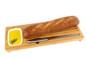 bamboo land- bamboo sweep off baguette board with bread crumb catcher and ceramic dipping dish, 18” x 7”, bread cutting board with crumb catcher, board for cutting bread, bread cutter knife