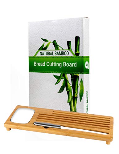 Bamboo Land- Bamboo Sweep Off Baguette Board with Bread Crumb Catcher and Ceramic Dipping Dish, 18” x 7”, Bread Cutting Board with Crumb Catcher, Board for Cutting Bread, Bread Cutter Knife