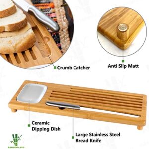 Bamboo Land- Bamboo Sweep Off Baguette Board with Bread Crumb Catcher and Ceramic Dipping Dish, 18” x 7”, Bread Cutting Board with Crumb Catcher, Board for Cutting Bread, Bread Cutter Knife