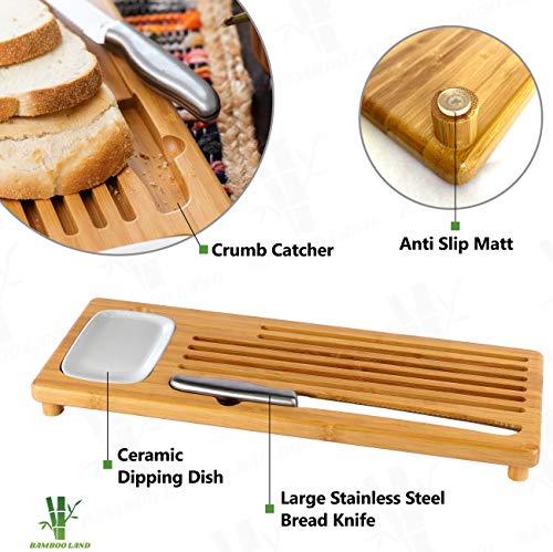 Bamboo Land- Bamboo Sweep Off Baguette Board with Bread Crumb Catcher and Ceramic Dipping Dish, 18” x 7”, Bread Cutting Board with Crumb Catcher, Board for Cutting Bread, Bread Cutter Knife