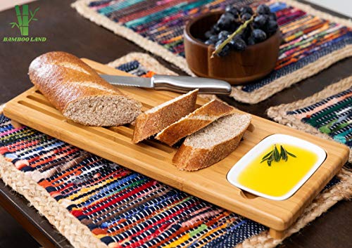 Bamboo Land- Bamboo Sweep Off Baguette Board with Bread Crumb Catcher and Ceramic Dipping Dish, 18” x 7”, Bread Cutting Board with Crumb Catcher, Board for Cutting Bread, Bread Cutter Knife