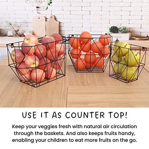 Wall Hanging Fruit Basket for Kitchen - Wall Mount Fruit Basket-Wire Basket with Hooks & Screws - Metal Wire Basket for Fruits & Vegetables Storage - Set of 3 - Black