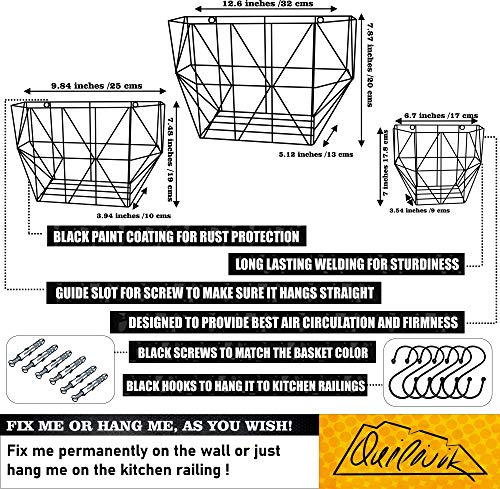 Wall Hanging Fruit Basket for Kitchen - Wall Mount Fruit Basket-Wire Basket with Hooks & Screws - Metal Wire Basket for Fruits & Vegetables Storage - Set of 3 - Black