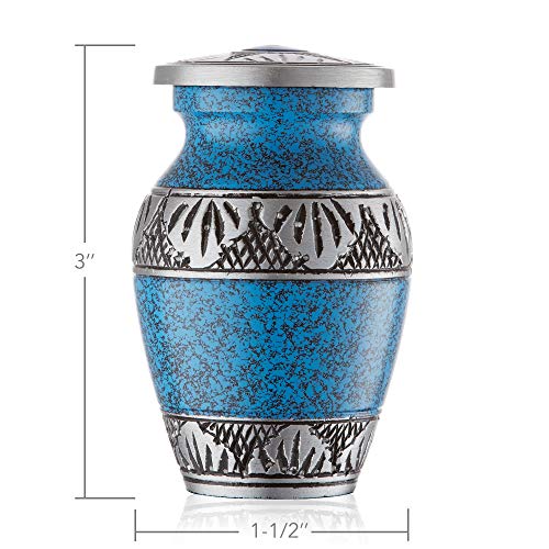 Reminded Small Cremation Urns for Human Ashes, Mini Keepsake Set of 4 Blue and Silver with Velvet Case