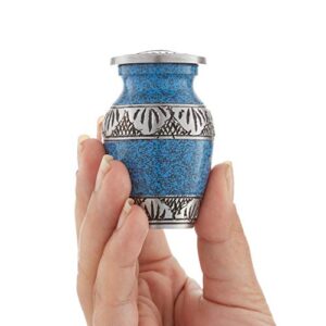 Reminded Small Cremation Urns for Human Ashes, Mini Keepsake Set of 4 Blue and Silver with Velvet Case