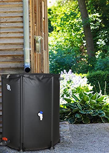 53 Gallon Portable Rain Barrel Water Tank - Collapsible Rainwater Collection System Storage Container - Water Collector Barrels Include Two Spigots and Overflow Kit - Comes with 25 Garden Labels
