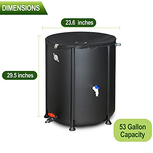 53 Gallon Portable Rain Barrel Water Tank - Collapsible Rainwater Collection System Storage Container - Water Collector Barrels Include Two Spigots and Overflow Kit - Comes with 25 Garden Labels