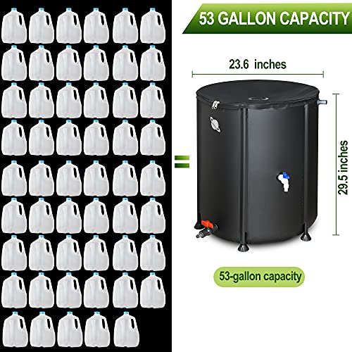 53 Gallon Portable Rain Barrel Water Tank - Collapsible Rainwater Collection System Storage Container - Water Collector Barrels Include Two Spigots and Overflow Kit - Comes with 25 Garden Labels