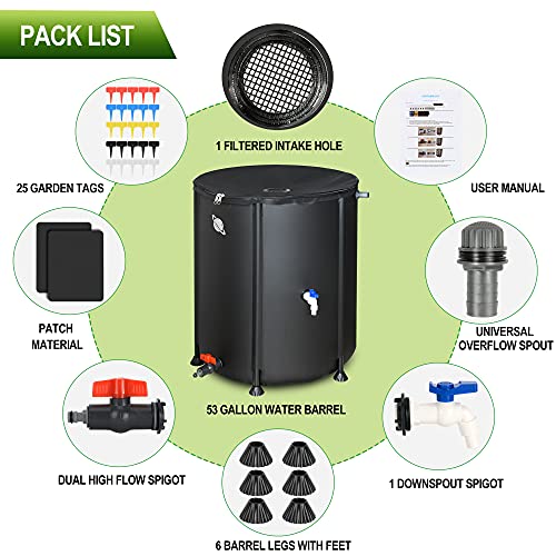 53 Gallon Portable Rain Barrel Water Tank - Collapsible Rainwater Collection System Storage Container - Water Collector Barrels Include Two Spigots and Overflow Kit - Comes with 25 Garden Labels