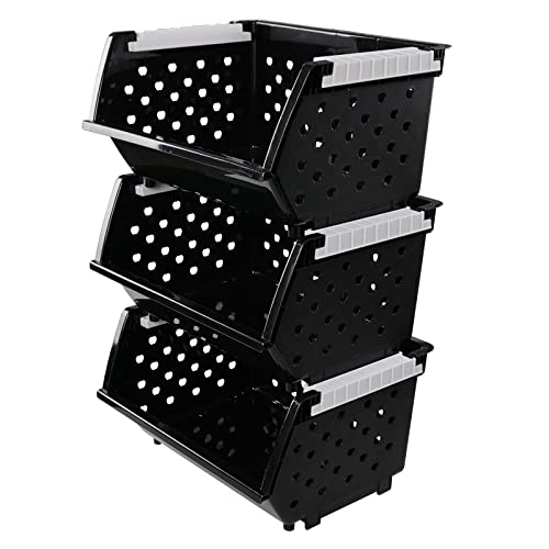 Vababa 3-Pack Plastic Stacking Storage Basket, Stackable Bin Organizer, Black