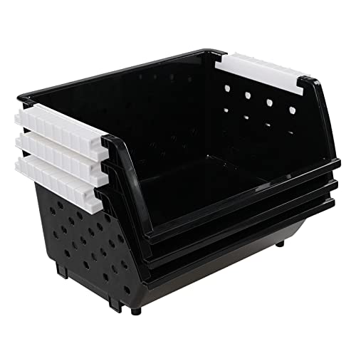 Vababa 3-Pack Plastic Stacking Storage Basket, Stackable Bin Organizer, Black