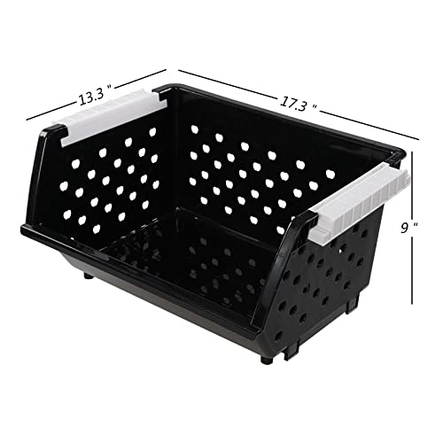 Vababa 3-Pack Plastic Stacking Storage Basket, Stackable Bin Organizer, Black