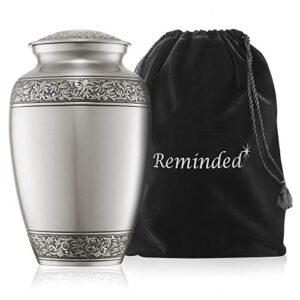 reminded cremation memorial urn for human ashes, silver adult funeral urn with velvet bag