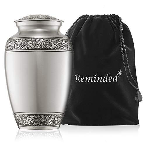 Reminded Cremation Memorial Urn for Human Ashes, Silver Adult Funeral Urn with Velvet Bag