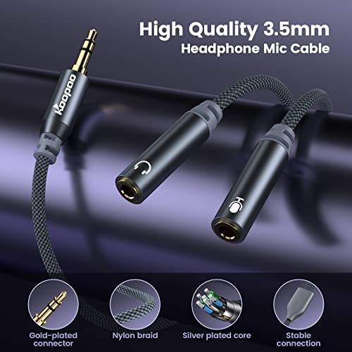 KOOPAO Headphone Splitter, Dual Port 3.5mm Audio Splitter AUX Cable Nylon-Braided 3.5mm Male to 2 Female Y Splitter Cable Dual Headphone Jack Splitter for 3.5mm Standard Headphone Jack