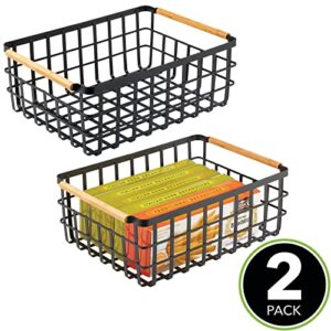 mDesign Metal Wire Storage Organizer Basket with Bamboo Wood Handles for Kitchen Pantry, Rustic Farmhouse Bin to Store Fruit, Coffee, Spices, Supplies, Yami Collection, 2 Pack, Matte Black/Natural/Tan