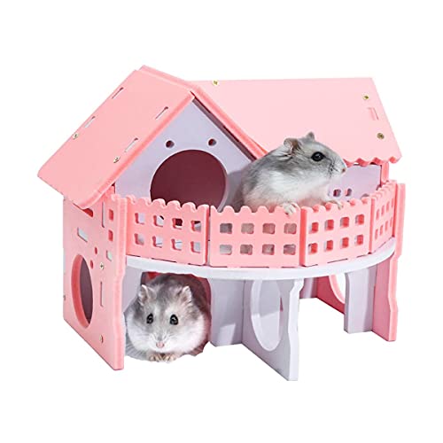 Hamster Maze Wood House Small Animal Hideout Wooden Assemble Double-Deck Hut Villa Ecological Cage Habitat Decor for Dwarf, Hedgehog, Syrian Hamster, Gerbils Mice