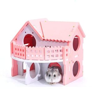 Hamster Maze Wood House Small Animal Hideout Wooden Assemble Double-Deck Hut Villa Ecological Cage Habitat Decor for Dwarf, Hedgehog, Syrian Hamster, Gerbils Mice