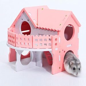 Hamster Maze Wood House Small Animal Hideout Wooden Assemble Double-Deck Hut Villa Ecological Cage Habitat Decor for Dwarf, Hedgehog, Syrian Hamster, Gerbils Mice